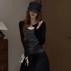 批发官图实价 人棉260克 假两件<b class='q'>长袖</b><b class='q'>T</b><b class='q'>恤</b><b class='q'>女</b>秋冬甜辣肌理感条纹坎肩上衣