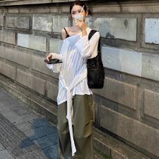 批发官图实价 新款美式微透春秋季罩衫长袖T恤女露肩中长款设计感上衣