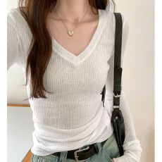 批发官图实价 天丝罗纹 V领长袖t恤女春秋季新款修身微透辣妹<b class='q'>罩衫</b>上衣