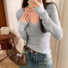 批发官图实价 天丝罗纹 微透V领长袖t恤女春秋季新款修身辣妹<b class='q'>罩衫</b>上衣