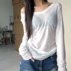 批发官图实价 天丝罗纹 微透V领长袖t恤女春秋季新款修身<b class='q'>罩衫</b>纯欲上衣