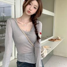 批发官图实价 天丝罗纹 薄款微透女春秋季新款V领修身T恤个性<b class='q'>罩衫</b>上衣
