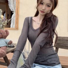 批发官图实价 天丝罗纹 微透V领长袖女春秋新款修身辣妹<b class='q'>罩衫</b>纯欲上衣