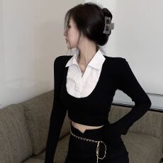 批发官图实价 罗纹拼接 假两件短款长袖<b class='q'>T</b><b class='q'>恤</b>女春秋季拼接气质辣妹上衣