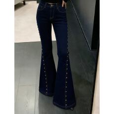 批发yk超有范的铆钉微喇休闲工装喇叭裤新辣妹高腰显瘦拖地潮牌<b class='q'>牛仔裤</b>