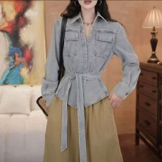 批发休闲女装新款时尚复古洗水工艺腰带女式牛仔外套上衣气质显瘦洋气