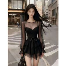 批发长袖连衣裙<b class='q'>礼服</b>年秋季修身黑色设计感蕾丝裙修身显瘦气质蕾丝