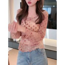 批发法式洋气网纱波点印花长袖<b class='q'>T</b><b class='q'>恤</b>女2026早春新款修身时髦打底上衣ins