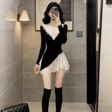 批发大码胖mm法式黑色蕾丝拼接V领纯欲风<b class='q'>连衣裙</b>女气质收腰显瘦短裙子