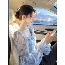批发2025春装新款法式高级感轻奢<b class='q'>气质</b>上衣超好看独特漂亮蓝色碎花<b class='q'>衬衫</b>