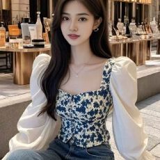 批发设计法式感小众方领<b class='q'>衬衫</b>灯笼<b class='q'>气质</b>国风春装拼接短款印花打底上衣女