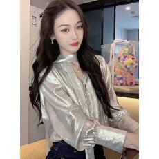 批发法式鎏金飘带V领雪纺<b class='q'>衬衫</b>女2026秋季新款高级感<b class='q'>气质</b>宽松显瘦上衣
