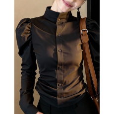 批发2026春季新款洋气百搭收腰修身<b class='q'>气质</b>纯色显瘦立领欧货爆款长袖<b class='q'>衬衫</b>