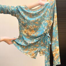 批发<b class='q'>大码</b><b class='q'>女装</b>双层网纱春秋新款扎染印花不规则绑带长袖T恤设计感上衣