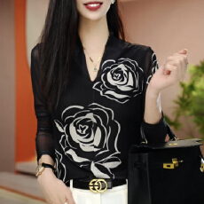 批发2024肌肤v领网纱长袖小衫透气双层百搭秋洋气显瘦气质打底外穿女