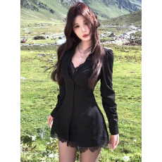 批发黑色V领蕾丝拼接长袖<b class='q'>西装</b>连衣裙子<b class='q'>女</b>秋季2026新款赫本风包臀短裙