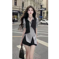 批发2025夏季新款小众设计不规则Polo领短袖灰色两件套时尚百搭女装