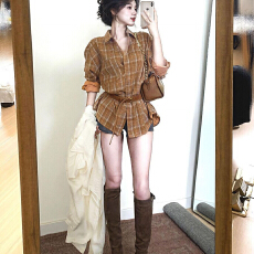 批发复古美拉德高级感格纹POLO领<b class='q'>衬衫</b>女秋季宽松显瘦气质<b class='q'>百搭</b>长袖上衣