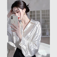 批发法式轻奢polo领白色缎面<b class='q'>衬衫</b><b class='q'>女士</b>设计感小众春夏独特宽松<b class='q'>长袖</b>上衣