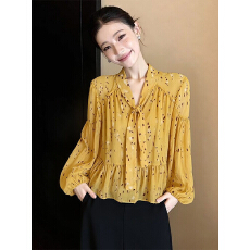 批发法式复古通勤显瘦荷叶边V领<b class='q'>长袖</b><b class='q'>衬衫</b><b class='q'>衬衣</b>黄色时尚上衣碎花雪纺衫