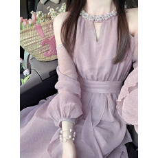 批发高级感生日礼服裙宴会<b class='q'>钉珠</b>法式温柔风长袖露肩紫色<b class='q'>连衣裙</b>女秋季