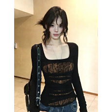 批发美式复古黑色豹纹长袖T恤女春秋季新款内搭打底衫收腰甜辣风上衣