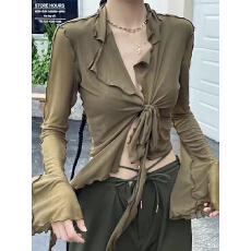 批发<b class='q'>网纱</b>开衫女夏法式辣妹绑带喇叭袖透视显瘦上衣