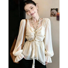 批发纯欲风挂脖雪纺<b class='q'>长袖</b><b class='q'>衬衫</b>女春季大码胖mm不规则遮肉显瘦收腰上衣潮