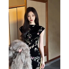 批发2026新中式复古旗袍改良年轻款少女新款<b class='q'>夏</b>装黑色碎花修身连衣裙女