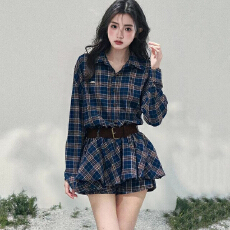 批发【雨痕漫窗格】美式polo领格子连衣裙女春衬衫裙短裙套装三件套