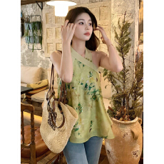 批发2026超火国风<b class='q'>女装</b>气质上衣轻奢高级感超好看新中式绿色挂脖衬衫夏
