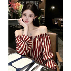 批发氛围感绝美红色<b class='q'>条纹</b>一字肩<b class='q'>长袖</b>衬衫女春季新款别致休闲超好看衬衣