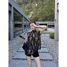 批发设计感复古<b class='q'>印花</b>无袖<b class='q'>衬衫</b>女2025夏季新款宽松显瘦高级感上衣