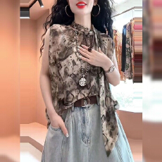 批发撞色圆领无袖背心2026年夏季新款女装<b class='q'>印花</b>丝带设计感时尚舒适上衣