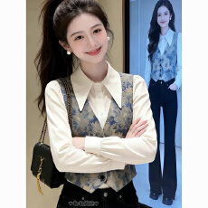 批发法式轻奢风设计感假两件<b class='q'>衬衫</b>女2026春季新款白色翻领拼接印花上衣