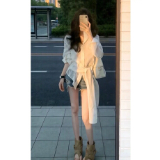 批发春夏韩系爆款白色长袖收腰绑带<b class='q'>衬衫</b>女款独特漂亮超好看高级感上衣
