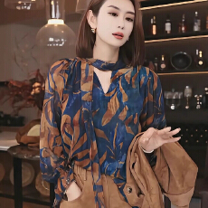 批发大码女装春秋新款法式慵懒风印花V领<b class='q'>衬衫</b>长袖百搭减龄洋气上衣