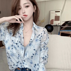 批发港风气质碎花长袖防晒<b class='q'>衬衫</b>女款夏季2026新款减龄好看的雪纺衫上衣