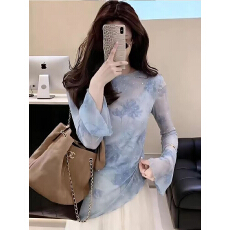 批发流光仙气~2026春夏新款碎花网纱上衣女绝美漂亮喇叭长袖雪纺小衫