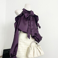 批发2026年春季新款法式独特别致设计感露肩蝴蝶结长袖<b class='q'>衬衫</b>修身上衣女