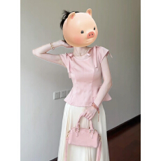 批发法式掐腰绝美温柔甜美miu系可两穿粉色小飞袖系带<b class='q'>蝴蝶结</b><b class='q'>衬衫</b>女夏