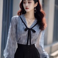 批发设计感洋气蓝色条纹系带<b class='q'>蝴蝶结</b>气质<b class='q'>衬衫</b>女新款上衣2024遮肉<b class='q'>衬衣</b>
