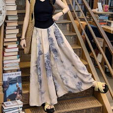 批发冰丝水墨阔腿裤裙子女夏季薄款显瘦垂感<b class='q'>大码</b>休闲直筒九分半身<b class='q'>裙裤</b>