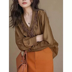 批发重工棕色流苏v领衬衫女高级感轻奢减龄洋气<b class='q'>欧洲站</b>2026年<b class='q'>新款</b>小衫