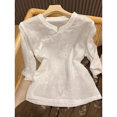 批发2026复古民国风斜襟纽扣重工刺绣衬衫女夏宽松圆领<b class='q'>七分袖</b>中式上衣