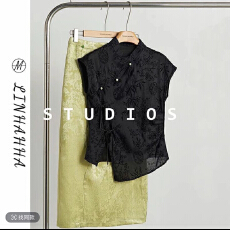 批发春季新中式国风套装黑色无袖<b class='q'>旗袍</b>上衣女包臀半身裙两件套2026新款