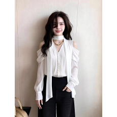 批发法式浪漫风V领飘带露肩衬衫女2026春季新款绝美减龄长袖薄款上衣
