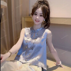 批发2026夏季国风遮肉无袖气质精致短款中式轻奢上衣缎面阔腿裤套装女