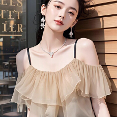 批发今年流行卡其色吊带<b class='q'>雪纺</b>衬衫女轻熟法式小众仙气飘飘一字肩上衣夏