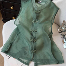 批发国风复古高级感<b class='q'>欧根纱</b>坎肩马甲女夏季新中式盘扣薄款马夹背心<b class='q'>上衣</b>